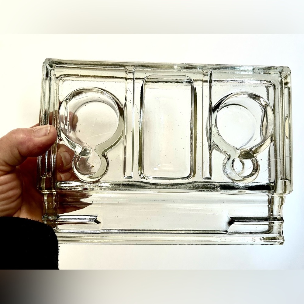 Vintage English Glass Double Inkwell Stand Desk Set Art Deco Desk Accessory